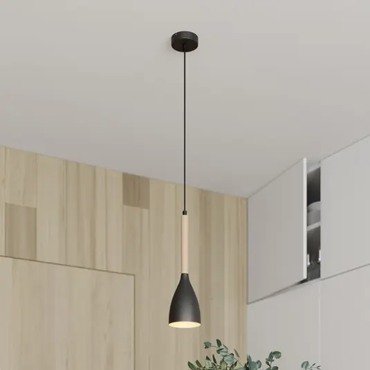 Nuovo Arrivo Lampada a sospensione Muza, nero/legno chiaro, Ø 11 cm