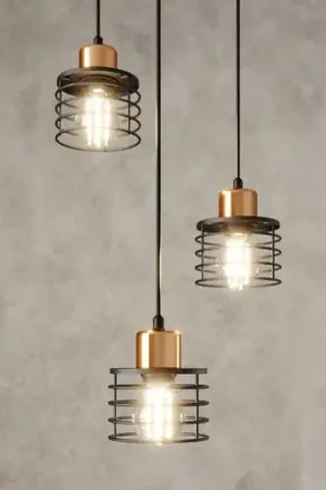 Lampada a sospensione Edison in nero/rame, a 3 luci, rotonda Ultime Pezzi