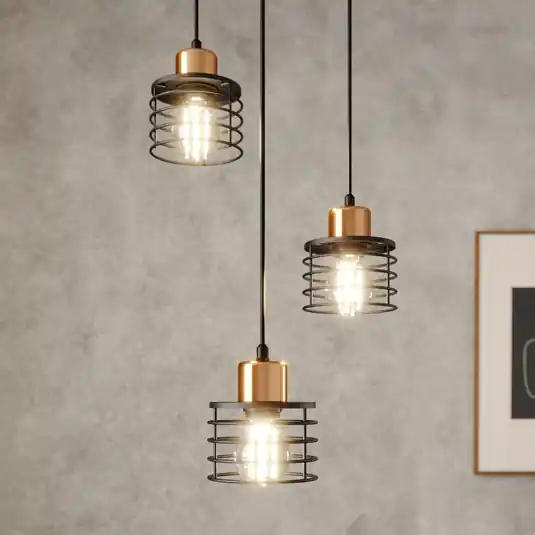 Lampada a sospensione Edison in nero/rame, a 3 luci, rotonda Ultime Pezzi