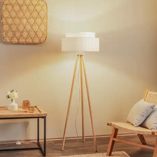 Piantana Boho, bianco/legno, tessuto/rattan/legno, 140 cm Ultima Occasione
