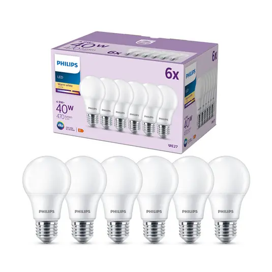 Philips LED E27 4,9W 470lm 2.700K satinato 6x Prezzo Di Fabbrica