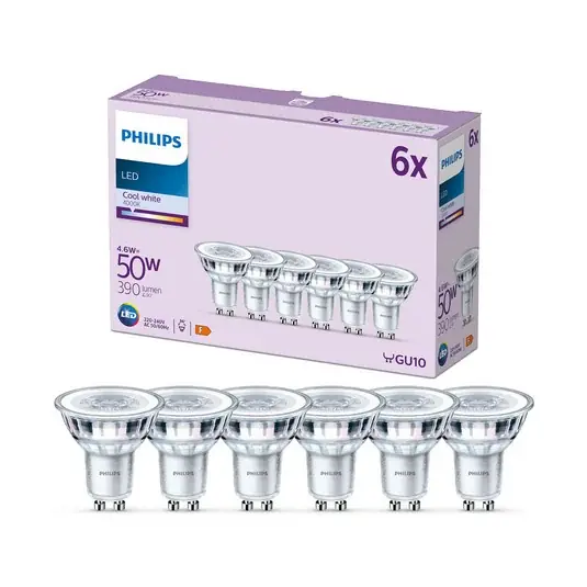 Promozione Esclusiva Philips Lampadina LED GU10 4,6W 390lm 840 chiaro 36° 6pcs