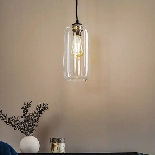 Lampada a sospensione Kaja con paralume in vetro lungo, trasparente Promozione
