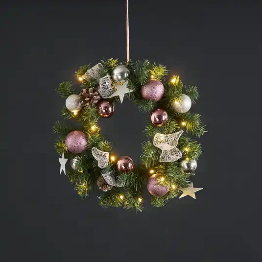 Corona LED abete Noel con decori argento/rosa Consegna Rapida