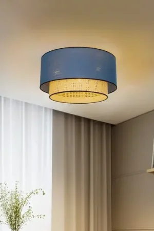 A Buon Prezzo Plafoniera Boho, blu/legno/nero, Ø 60 cm, tessuto/rattan