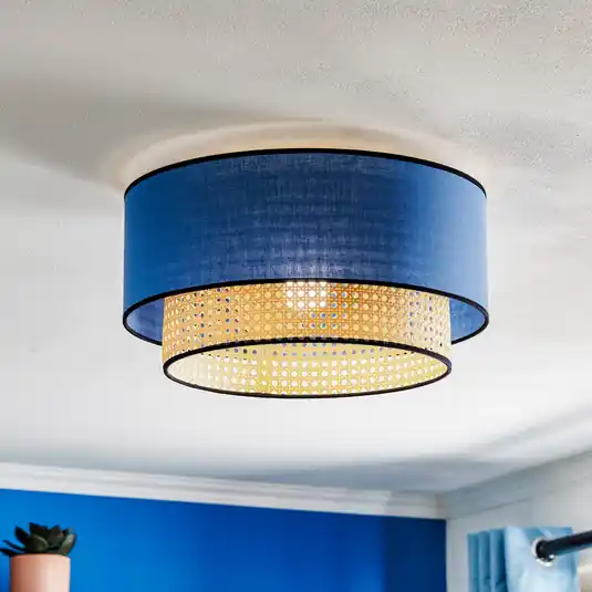 Subito Disponibile Plafoniera Boho, blu/legno/nero, Ø 45 cm, tessuto/rattan